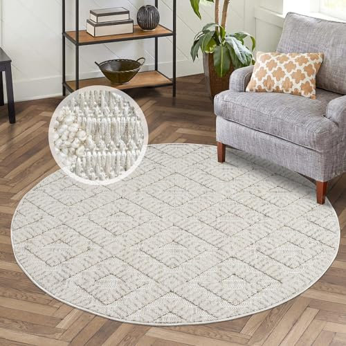 carpet city Kurzflor Teppich Wohnzimmer Creme - 200 cm Rund - Raute-Optik, 3D-Look - Teppiche Modern, Boho für Schlafzimmer, Esszimmer