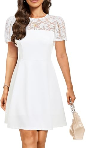 Holipick White Bridal Shower Dress with Short Lace Sleeve Semi Formal Church Graduation A line lace Short Dresses Women L