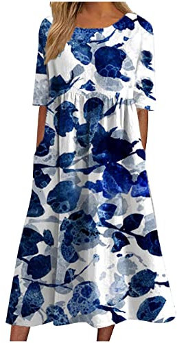 Women's Short Sleeve Maxi Summer Dresses Round Neck Pullover Dress Elegant Floral Printed Long Dress with Pocket Loose Flowy Hem Boho Dresses Beach Daily Wear