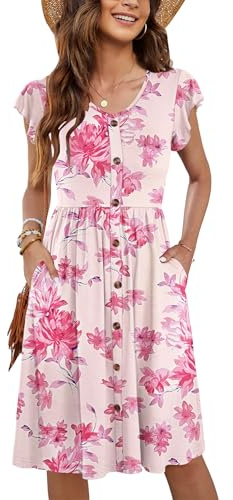 MOLERANI Femmes Robe D'été sans Manches V Cou Décontracté Swing Taille élastique avec Poche Robe De Midi pour Les Femmes Fleur Rose L