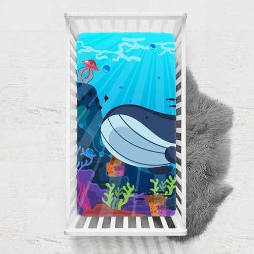 Odot Spannbettlaken für Kinderbett, Ozean Druck Kinderwagen Matratzenbezug, Weiche Babybett Spannbetttuch Stubenwagen Bezug, Beistellbett Spannbettlaken (Wal,80x160 cm)