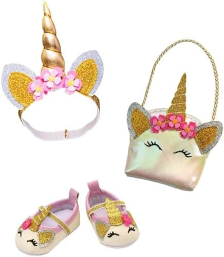 Heless 231 - Puppenzubehör im Design Glitzer-Einhorn, 3-teiliges Accessoire Set mit Ballerinas, Tasche und Haarband für Puppen und Kuscheltiere der Größe 35-45 cm