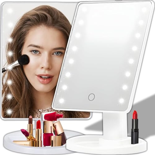 SQUADO Specchio da Trucco con Luce LED da Tavolo, Quadrangolare, Illuminato, per Bagno, Camera da Letto, Cura della Pelle e Trucco Dettagliato, girevole
