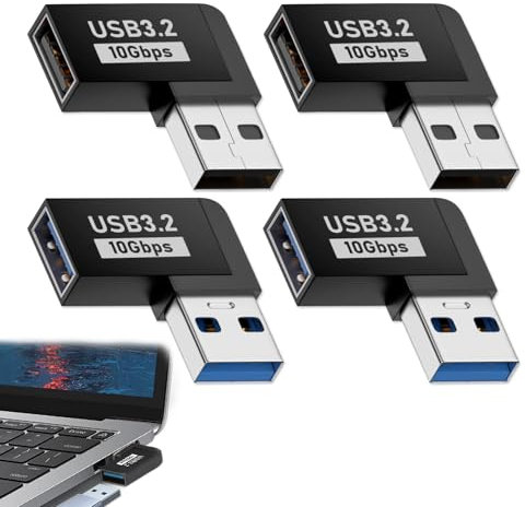 AOUZOVLI 4 Pezzi Adattatore USB 90 Gradi,Gradi USB 3.2, Maschio a Femmina, Angolo L,Trasferimento Dati Rapido,USB 90° Angolo Adattatore Compatibile Con USB 3.0/2.0/1.0,Angolo Sinistro Curva Laterale