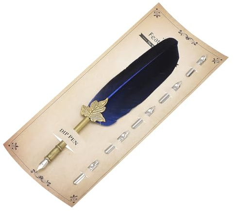 PATIKIL Fjäderpenna, 23 cm vintage Quill Pen fjäder dopppenna med 5 st ersättningsspetsar för att skriva kalligrafi bröllop signatur gäst, blå
