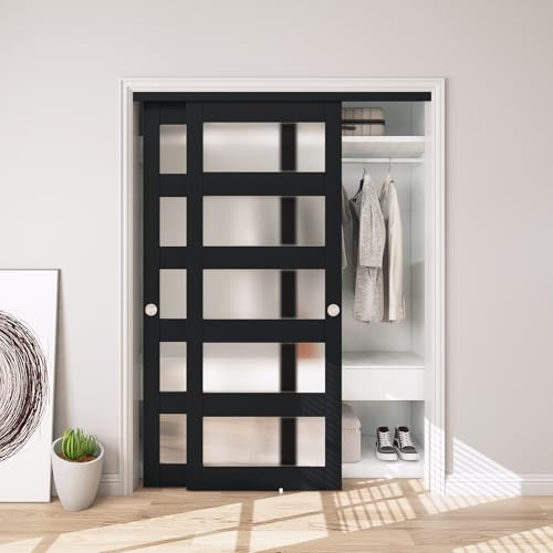 JUBEST 60 x 80 Sliding Closet Door, 5-Lite Frosted Glass Bypass Door with Hardware Kit & Matching Fascia, Pre-Drilled Solid Wood Slab with Water-Proof PVC Surface, Easy to Install, Black