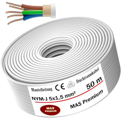 MAS Premium Cable de alimentación para ambientes húmedos, cable de alimentación de 5 – 200 m, NYM-J 3 x 1, 5 2,5 4 4 6 10 o 5 x 1,5 2,5 4 6 10 16, cable eléctrico para instalación fija (NYM-J 5 x 1,5