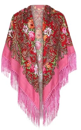 Caxndycing Sciarpa con tradizionale motivo floreale ucraino, polacco, russo e frange Elegante sciarpa foulard da donna con frange Motivo floreale stampato Cotone Scialle Wraps, Colore: rosa., Taglia