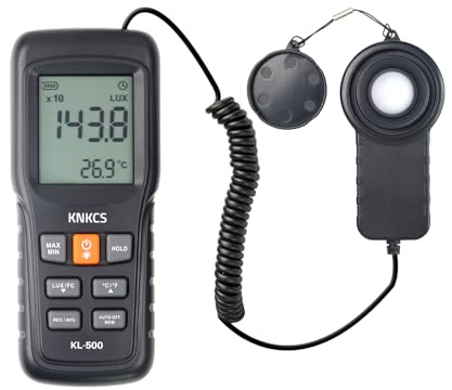 KNKCS Digital Lux Meter, 0-200,000 Light Meter for Plants with Temperature Display, Data Record, Max/Min/Average, FC/LUX Conversion, for Plants, Office, Indoor & Outdoor Use
