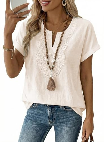 EVALESS Going Out Tops for Women 2026 Trendy Fashion Spring Summer Dressy Casual V Neck Short Sleeve Basic T Shirts Blouses Cute Boho Vacation Clothes,Beige Large