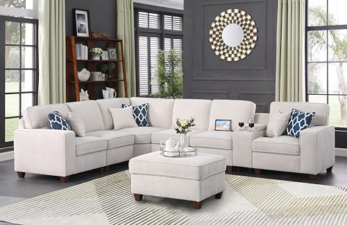Ball & Cast 127 L-Shaped Sectional Couches for Living Room with Movable Ottoman,2 Cup Holders & USB Ports,7 Seat Chenille Upholstered Sofa W/6 Throw Pillows & Hidden Storage Box,DIY Combination,Beige