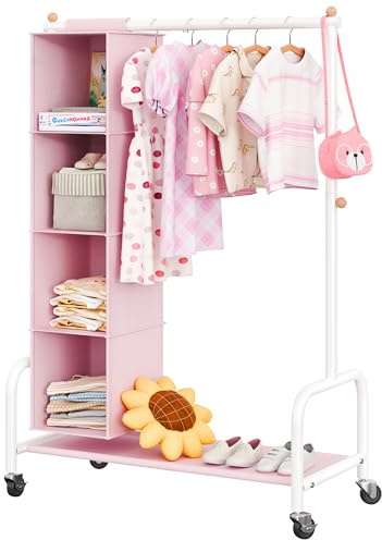 GRANNY SAYS Perchero Infantil con Organizador Colgante, Perchero con Ruedas para Disfraces Infantiles, Perchero para Ropa de Niños, Perchero para la Habitación del Bebé o la Guardería, Rosa/Blanco