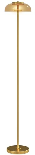 HOMCOM Lampadaire sur pied de salon, lampe salon LED avec lumière chaude 3000 K, abat-jour en verre et interrupteur à pied, style moderne, pour salon et chambre, ton laiton