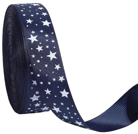 PH PandaHall 22.9m Ruban Imprimé Étoiles Ruban Bleu Uni Grosgrain 2.5cm Rubans avec Rayures Pentagramme Blanc pour Emballage Cadeau Décoration Fête Nœud Cheveux Couronne Artisanat Couture Ornements