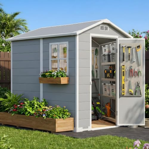 AIRAJ Caseta de jardín para exteriores, de plástico, resistente a la intemperie, 173 x 131 x 200 cm, con suelo/ventanas/rejillas de ventilación/puerta con cerradura, cobertizo para todo el año, para