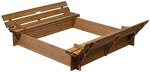 dobar 94360FSC - Sandbox con Tapa con Banco de Madera, tamaño del Banco arenero Cuadrado XL con Tapa, 118 x 118 x 20 cm, Madera FSC, marrón