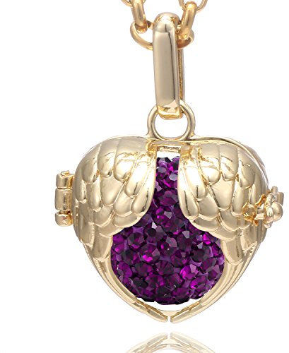 Morella Collar de Acero Inoxidable Dorado 70 cm con Colgante alas de ángel de la Guarda y Bola de resonancia de Color Lila Ø 16 mm para Damas en Bolsa para Joyas