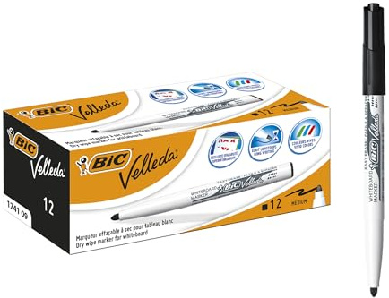 BIC Velleda, Marcatori Cancellabili, Colore Nero, Pennarelli per Lavagna, Punta Media 1.4mm, 1741, Confezione da 12, Fornitura Cancelleria Scuola e Ufficio