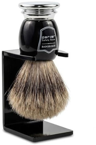Parker Pure Badger Shaving Brush with Black & Chrome Handle + Stand | 22mm Knot for Cream or Soap | Handcrafted Wet Shaving Brush for Men | Premium Grooming Tool | Iconic Brand