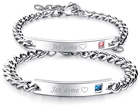 OIDEA 1 par (2 st) herr-, dam-partnerarmband med gravyr, rostfritt stål, Je T'Aime, zirkon, vänskapsarmband, armkedja, armband, silver e rostfritt stål, colore: silver, cod. O0270017-DE