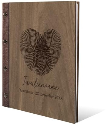 Stammbuch Nussbaum Holz Gravur individuell Holzcover mit Echtleder Rücken und Extras Stammbuchformat hoch 175 x 220 mm - Fingerabdrücke