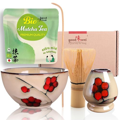 Goodwei Set di Matcha Completo - Tazza Cerimoniale con frusta e cucchiaio - incl. Tè Matcha Biologico Giapponese (Plum)