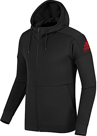 adidas Martial Arts Full Zipped Hooded Fleece Lined Sweatshirt Jacket - Black Red - Medium