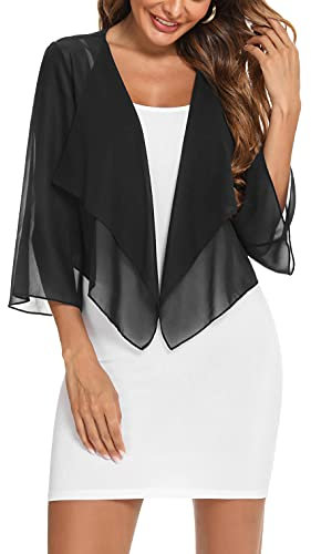 Aottori Damen Bolero Chiffon Cardigan Leichte Kurze Festliche Bolerojacke Elegant Sommer Shrug Schulterjacke Transparent mit 3/4 Ärmel Schwarz M