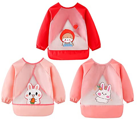 Chilsuessy Ärmel-Lätzchen 3 Pack Baby Kleinkind Lätzchen Wasserdicht Nässeschutz Baby Lätzchen mit Ärmeln Langarm Lätzchen Schürze Bibs zum Essen Malen Spielen, D/Set, 3-4 Jahre