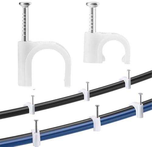 JTKREW 200 Pièces Fixation Cable Electrique,Cavalier Cable Electrique,Attache Fil Electrique,Attache Cable Mural,Clips de Cable,avec Clou en Acier,pour Fixation de Câble,Blanc (6mm,8mm)