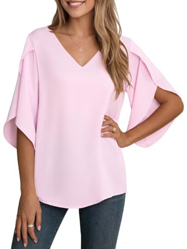 YGJIEGENG Women's Chiffon Blouse Ladies Tops Elegant Casual Loose 3/4 Ruffled Split Sleeve V Neck Summer Blouse T Shirts,Light Pink,XL