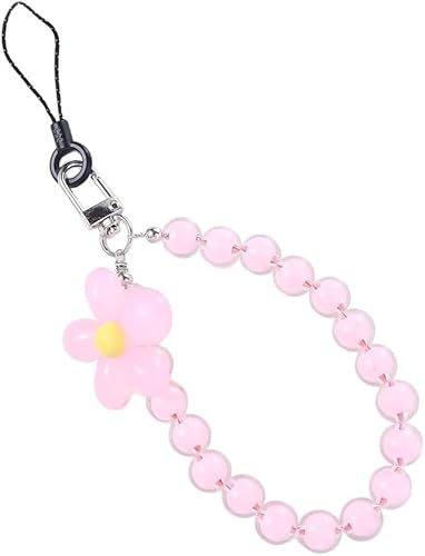 Junfamilee Pink Flower Beaded Mobile Phone Lanyard Wrist Strap, Non-Slip Cute Hand Wrist Pendant Pendant Mobile Phone Chain for Women, Cell Phone Charms, Car Keychain, Cell Phones and Accessories
