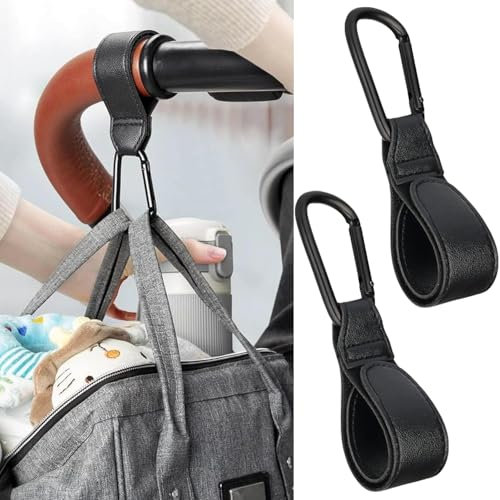 2-Pcs Kinderwagen Haken Clips, Buggy Clips Träger Kinderwagen Haken, Kinderwagen Tasche Halter aus Leder, Tasche Haken für Kinderwagen, Kinderwagen Clips, Kinderwagen Haken für Taschen, BackPack Schwa