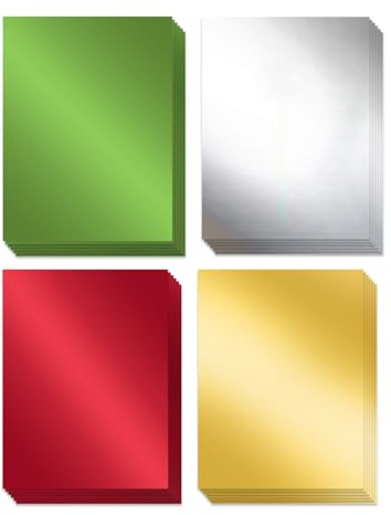 24 Sheets Christmas Metallic Cardstock Paper 8.5 X 11, 92lb Thick Gold Foil Cardstock Shiny Mirror Paper Glitter Paper for Crafts Scrapbook Card Making Invitations (Red Green Gold Silver)