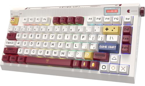 RisoPhy PC423 Wireless Creamy Keyboard with Screen & Knob, 75% 2.4G/Bluetooth/USB-C Gasket RGB Mechanical Keyboard, Hot Swappable, Five-Layer Padding & Pre-lubed Linear Switch, Retro Red and White