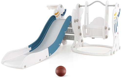 RELAX4LIFE 4 in 1 Scivolo per Bambini, Set da Gioco con Altalena, Canestro da Basket e Arrampicata, Scivolo Pieghevole, Parco Giochi da Interno ed Esterno, 18 Mesi+ (Blu+Bianco)