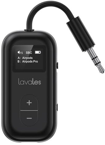 2025 Upgrade Bluetooth 5.3 Adaptador para 2 Airpods, aptX Low Latency/Adaptive, 25H Tiempo de reproducción, 3,5 mm AUX Inalámbrico Audio Transmisor Jack Splitter Transmitter para viajes aéreos, solo