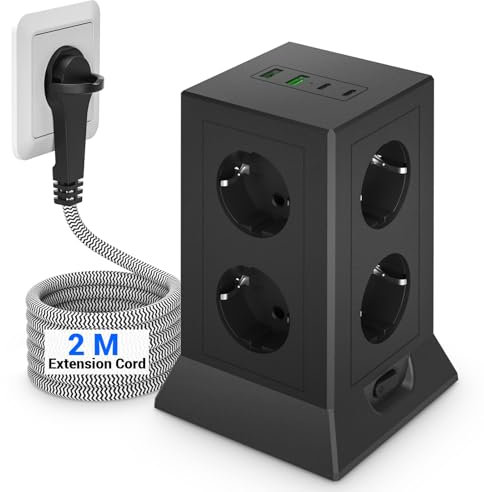 Steckdosenturm mit USB C,8Fach Mehrfachsteckdose mit Schalter,Steckdosenleiste Überspannungsschutz Flachstecker mit 2M Kabel für Büro und Heim, Mehrfachstecker Steckdosenadapter, Schwarz