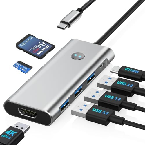 USB C-hubb 7-i-1, USB C HUB multiport-adapter med 4K @60 HDMI, 3 USB 3.0, SD/TF, PD 100 W för MacBook Air/Pro, Pad, Hp, Huawei MateBook, Dell, Surface Book etc