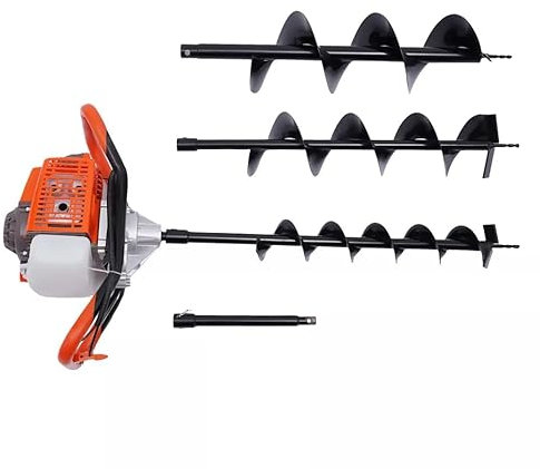 71CC Petrol Earth Auger 2 Stroke Auger Post Hole Digger 3.2kw Gas Powered Earth Gas Power Post Hole Digger with 3 Drill Bits Diameter 4 / 6 / 8, Petrol Spiral Digger for Planting Trees and Fence