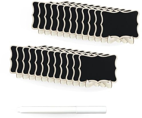 LEOEZYA 24 Pezzi Lavagnetta in Legno on 1 Pennarello,Cartellini Prezzi,Mini Lavagna,Cartoncini Segnaposto,Lavagnette Cancellabili Piccole,per Buffet di Tavoli,Matrimoni,Feste e Compleanni