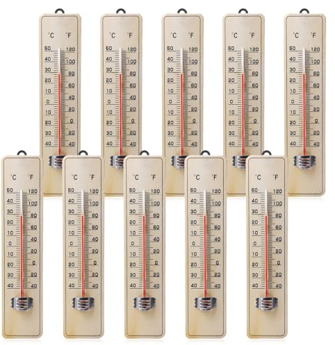 Lot de 10 thermomètres de jardin avec échelle Celsius et Fahrenheit - Thermomètre analogique d'extérieur - Station météo en bois de hêtre massif - Haute précision - Vues météorologiques - Entretien