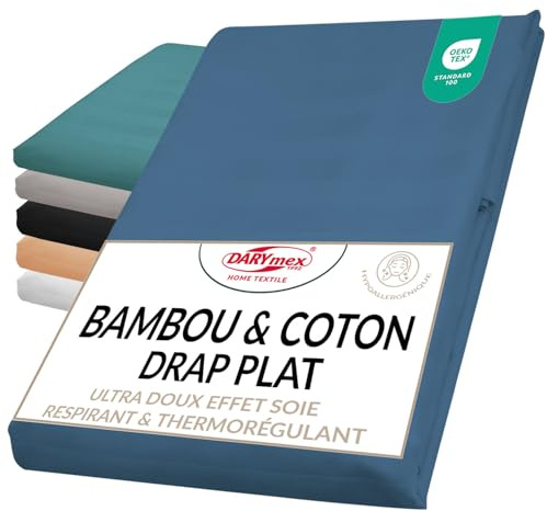 Darymex Drap Plat 220x260 cm, Satin Coton Viscose de Bambou, Rayures, Bleu | Drap sans élastique, coton bambou satiné, hypoallergénique, doux pour peaux sensibles, linge de lit élégant