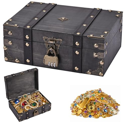 24x17x9,5cm Coffre Trésor Vintage en Bois Coffre Pirate Enfant Boite avec