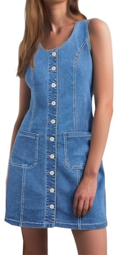 Vestido vaquero para mujer, corto, largo hasta la rodilla, vestido de verano, holgado, informal, vaquero, vestido de peto, vestido de ocio, con botones, sin cuello, bolsillos, lápiz, vaquero, vestido