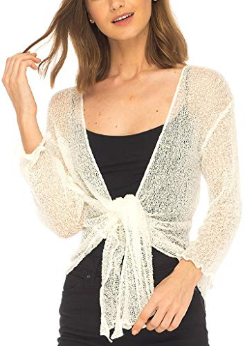 SHU-SHI Womens Sheer Shrug Tie Top Cardigan Lightweight Knit,Off White,One Size