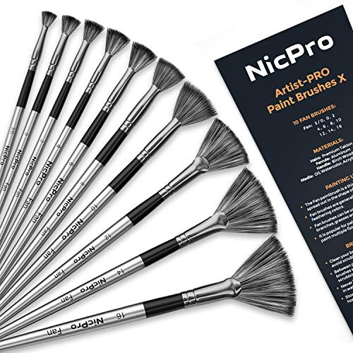 Nicpro 10 PCS Fan Paint Brushes, Artist Painting Brush Set Soft Anti-Shedding Nylon Hair Wood Short Handle for Acrylic Watercolour Oil Painting