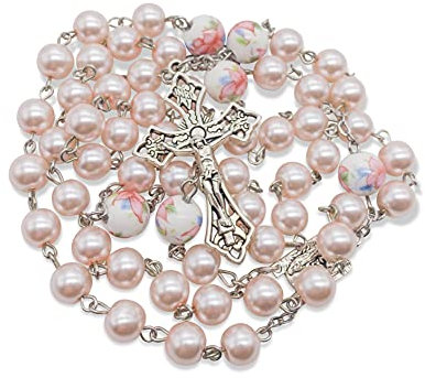 Nazareth Store Blaue Perlen, Rosenkranz, weiße Blumen, Perlenkette, Lourdes-Medaille und Kreuz-Kruzifix (Rosa)