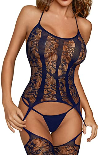 Xnova Babydoll Donna Calza a Rete Body in Pizzo Donna con Collant Integrati Scollo Annodato Una Pezza Lingerie Bodystocking Bodysuit (Blu)