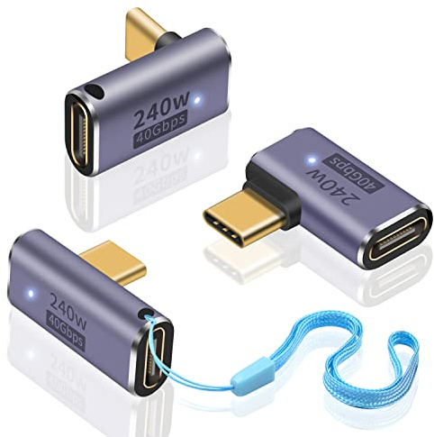 Duttek USB C 90 Degree Adapter [40Gbps, 240W Fast Charging and 8K Video ] USB C Angle Adapter Support Thunderbolt 4/3 Cable for Laptop, Tablet and Phones (3 Pack)